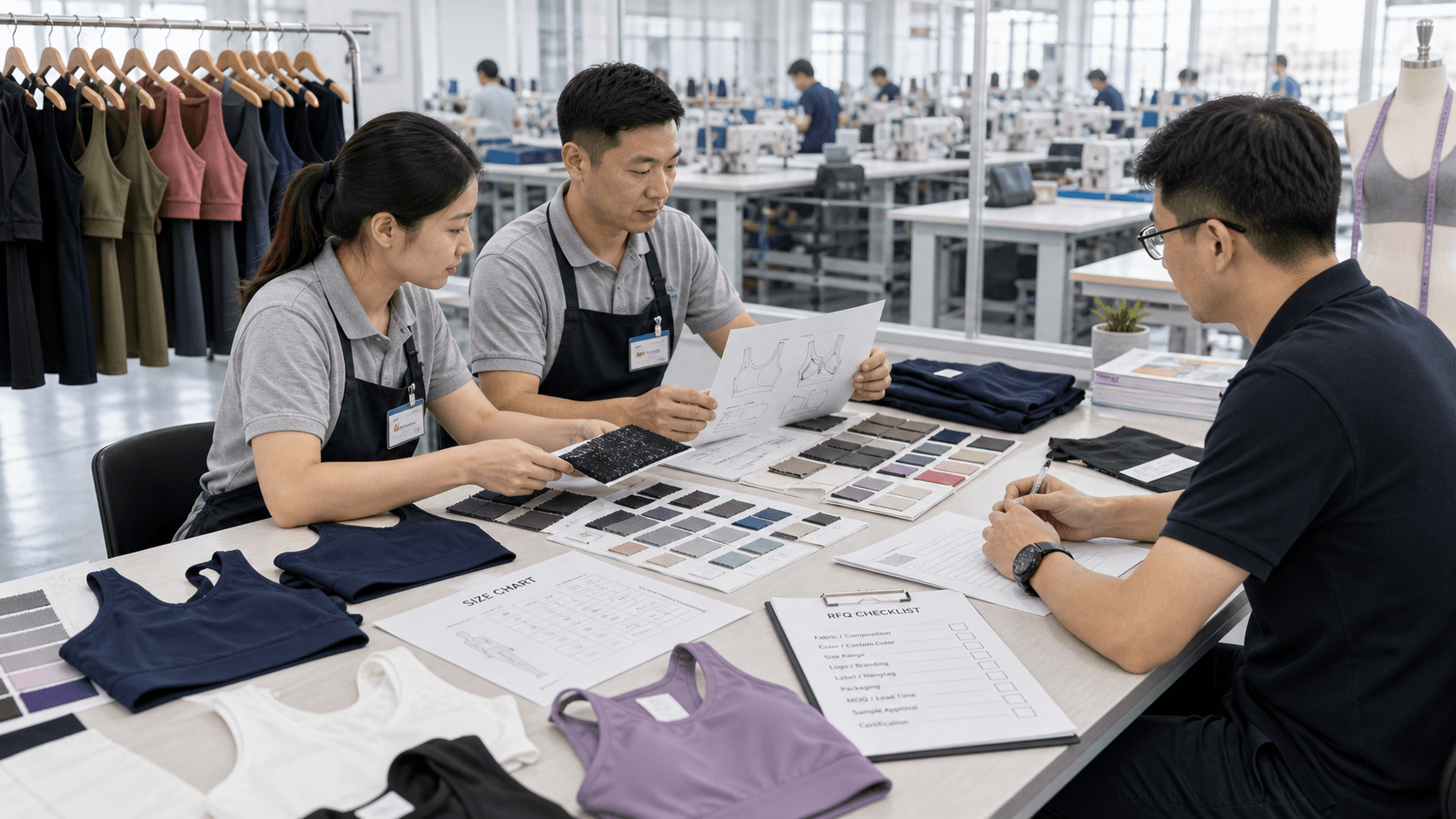 Activewear buyer and factory team reviewing samples, fabrics, and RFQ checklist